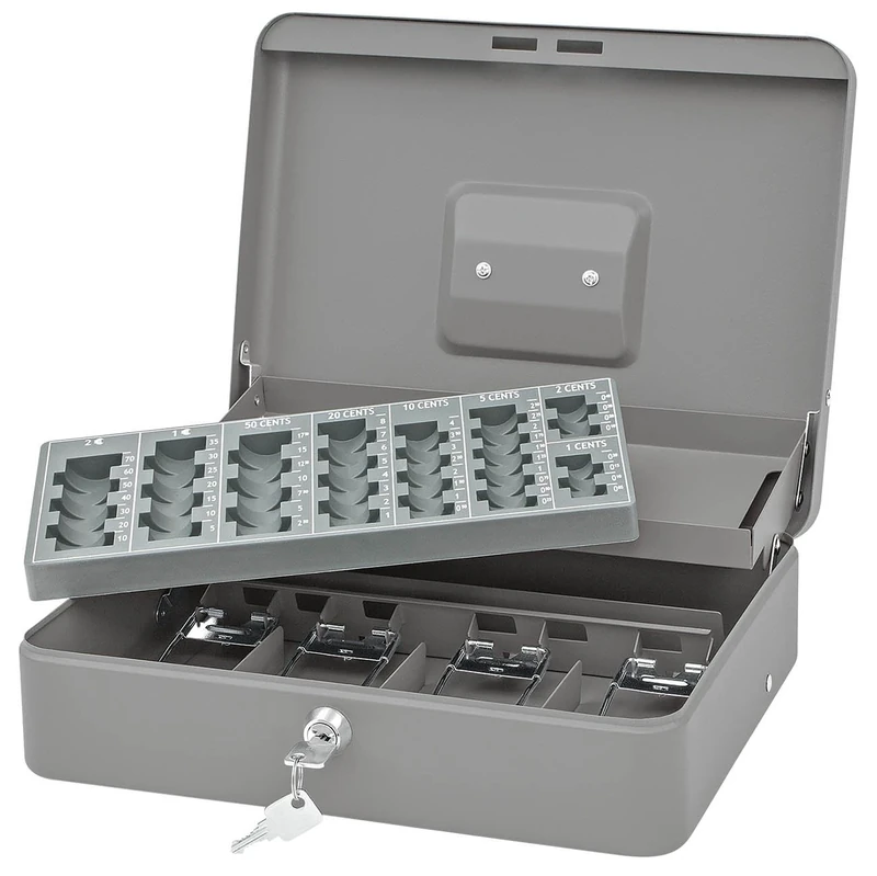 Wedo Standard Plus 149858012 Counter Box Capacity 137.60 Coins, Security Lock, 4 Compartment Insert for Notes, Carry Handle, 30 x 24 x 9 cm, Powder-Coated Sheet Steel, Grey