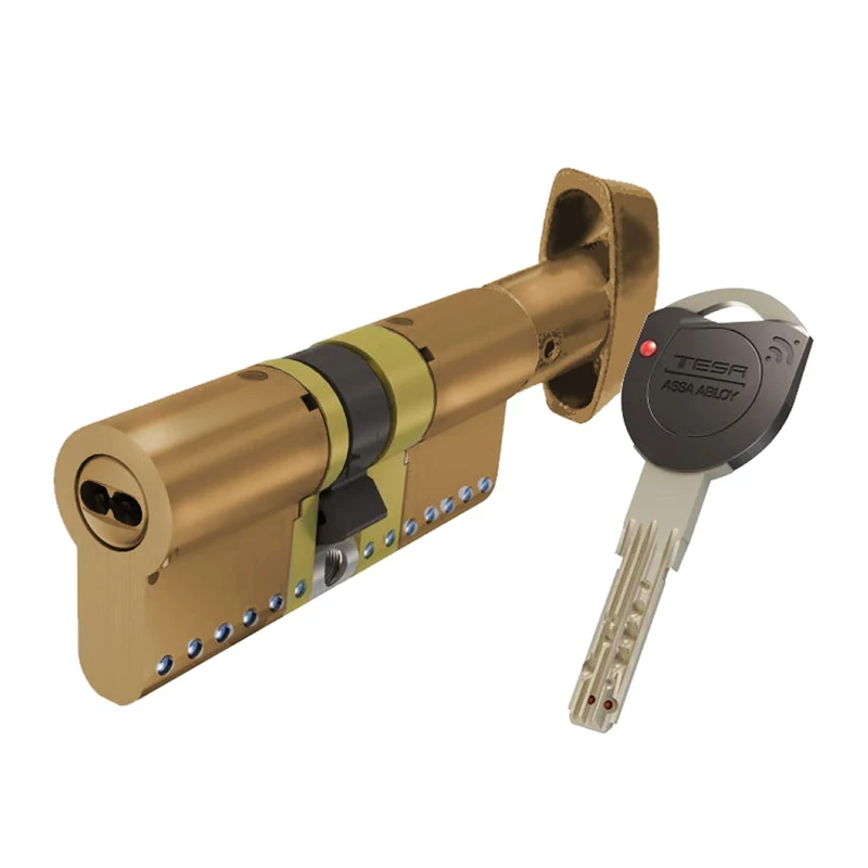 Tesa Assa Abloy, TK1B3030L, High Security Cylinder, TK100, Double Clutch, Long Cam, Key - Button, Brass, 30 x 30 mm