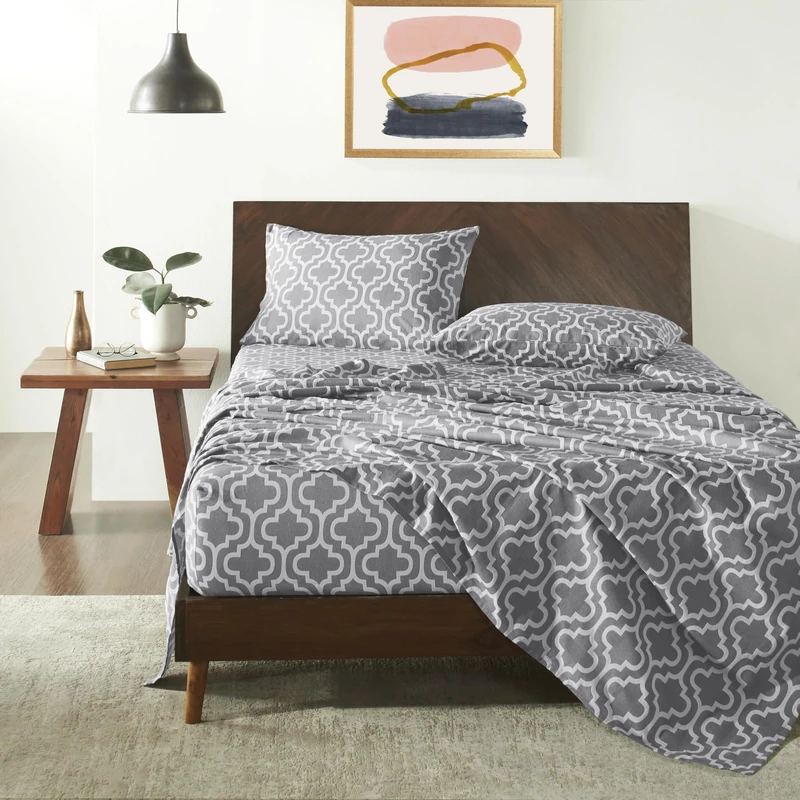 Superior Extra Soft Printed All Season 100% Brushed Cotton Flannel Trellis Bedding Sheet Set with Deep Pockets Fitted Sheet - Grey Trellis, California King Size