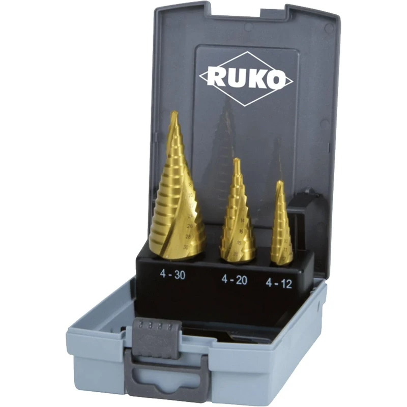 Ruko Terrax by Straight Fluted 3 Piece Step Drill Bit Set HSS-TiN in Sizes 0, 1, 2, 9 in a Stable, Practical Plastic Case A101 126TRO – Pack of 1