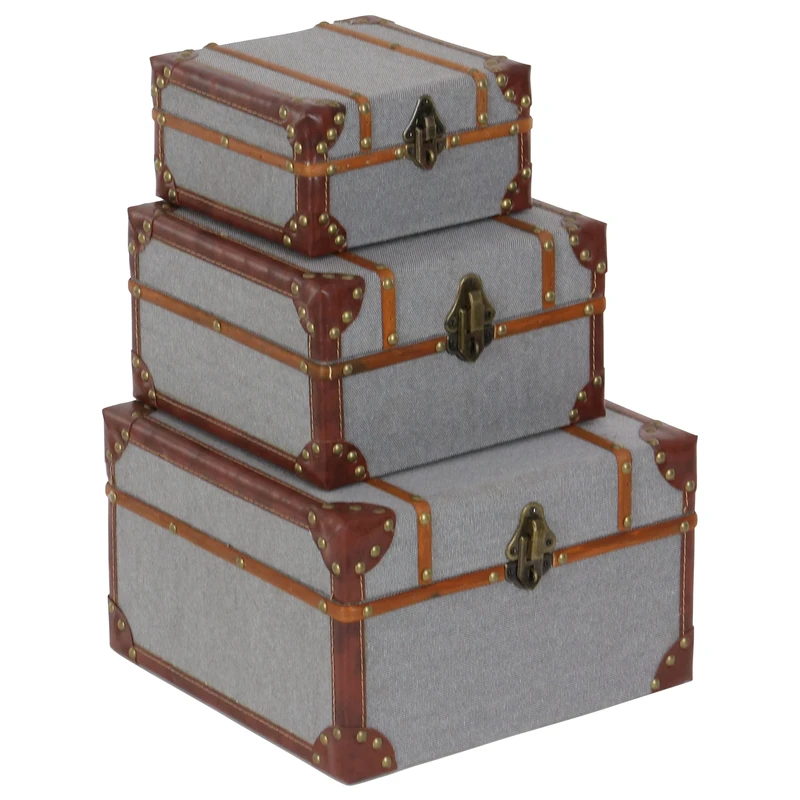 Deco 79 54070 Wood and Burlap Storage Boxes (Set of 3), 8" x 10" x 12", Gray/Brown/Gold