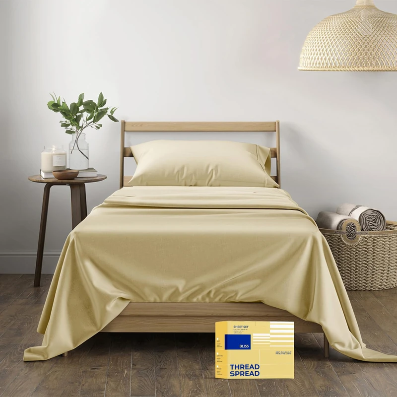 THREAD SPREAD Luxury Egyptian Cotton Sheets Twin XL Size - 600 Series Bliss Collection Twin XL Set Deep Pockets (3 PC, Sand), Extra Soft, Cooling Extra Long Staple College Dorm Bedding