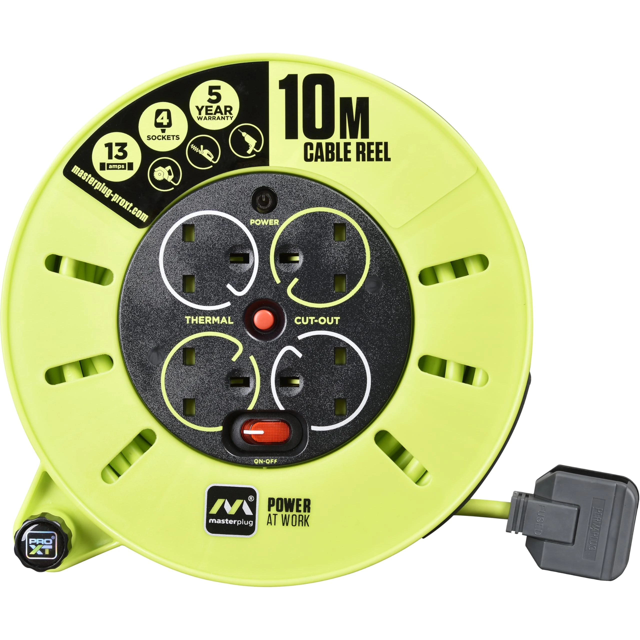 Masterplug Four Socket, 10 Metre Premium Cassette Reel, Medium Power Cable Extension Reel, Thermal Cut-Out & Power Indicator, Heavy Duty, Pro-XT, Grey/Green, 13A, 4G, 10m, CMU10134SL
