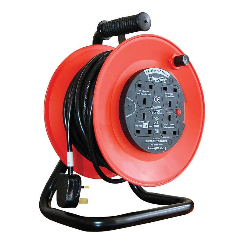 Infa-Power INFA-X815 50 m 13 A 4 Socket Reel - Black/Red