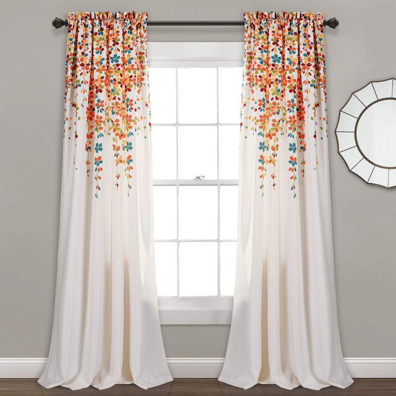 Lush Decor Weeping Flower Room Darkening Window Curtain Panels, Pair, 52" W x 84" L + 2" Header, Turquoise & Tangerine - Charming Modern Floral Curtains for Living Room, Dining Room, & Bedroom
