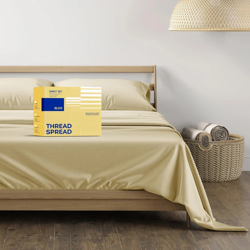 THREAD SPREAD 5 Star Luxury Full Bedsheet 100% Pure Cotton - 600-Thread-Count Sheets - Soft, Crisp & Smooth Like Egyptian Cotton, Deep Pockets - Easy Fit - Sateen Weave 4 Piece Sheet Set (Full, Sand)