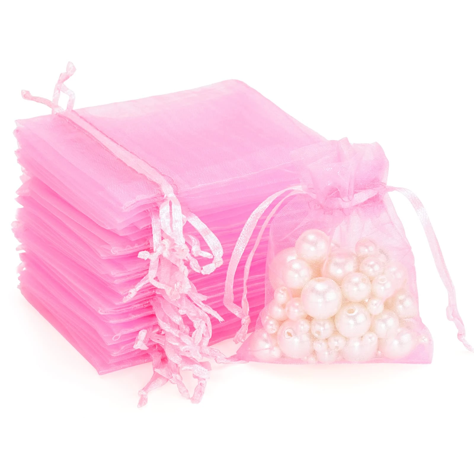 G2PLUS Pink Organza Gift Pouches, 7x9 CM Small Organza Favour Bags, 100 PCS Wedding Jewelry Bags, Clear Mesh Pouches Perfect for Wedding, Christmas, Birthday, Anniversary