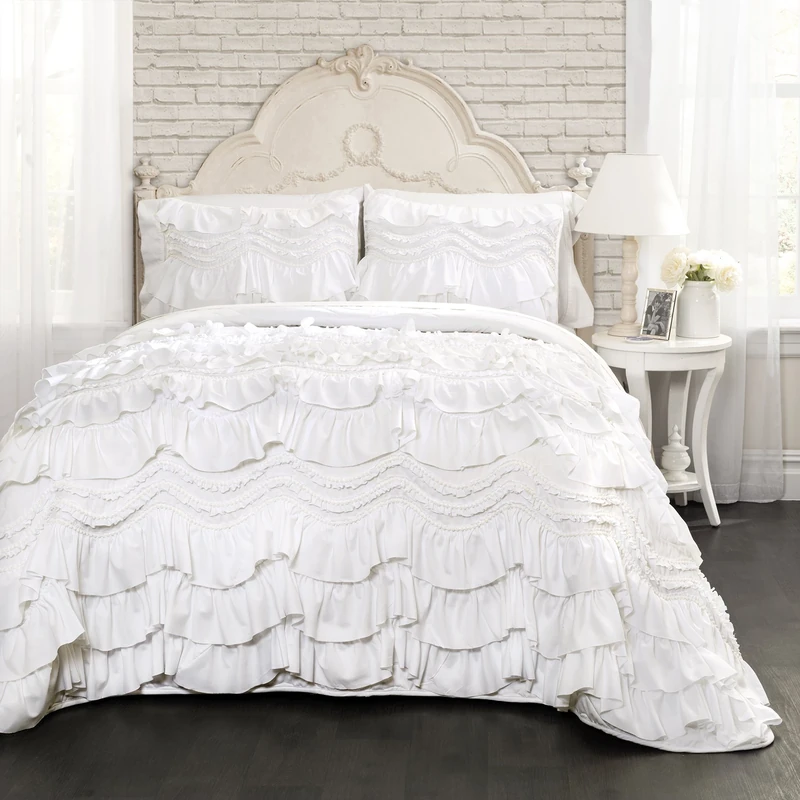 Lush Decor Quilt-Ruffled Textured 3 Piece King Size Bedding Set, Polyester, White