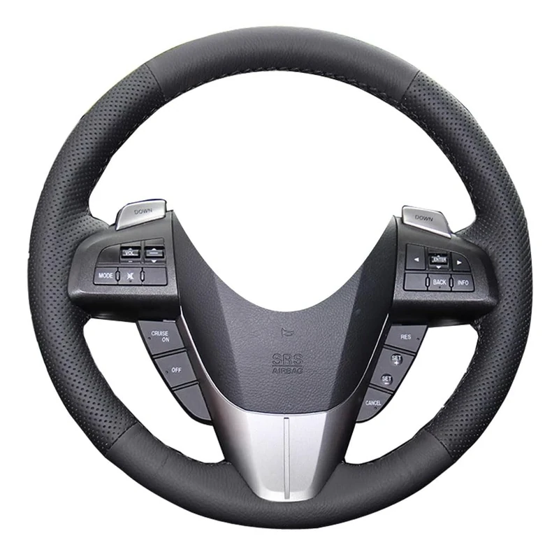Eiseng DIY Car Genuine Leather Steering Wheel Cover Stitch on Wrap for 2010 2011 2012 2013 Mazda 3/2012 2013 Mazda 6/2012-2015 Mazda 5 M5 / 2010-2015 Mazda CX-9 (Black Leather With Black thread)