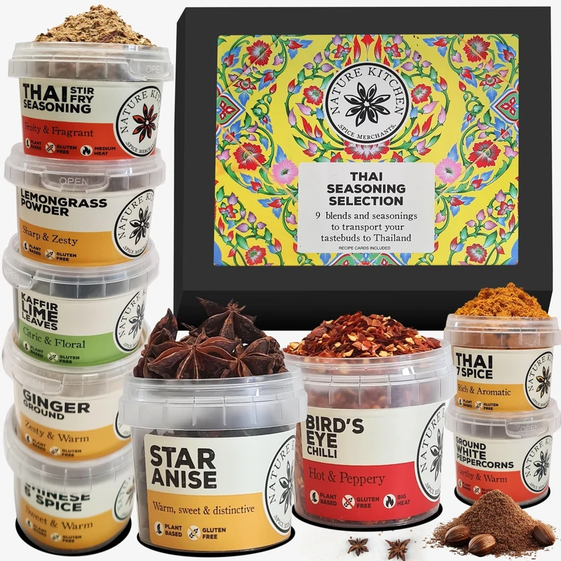 Nature Kitchen Thai Gourmet Spice Seasoning Selection Mix Gift Set. 9X Gluten-Free Herbs and Spices for Cooking Recipes, Tom Yum, Noodles, Pad Thai. Including Chilli, Kaffir Lime Leaves, Lemongrass