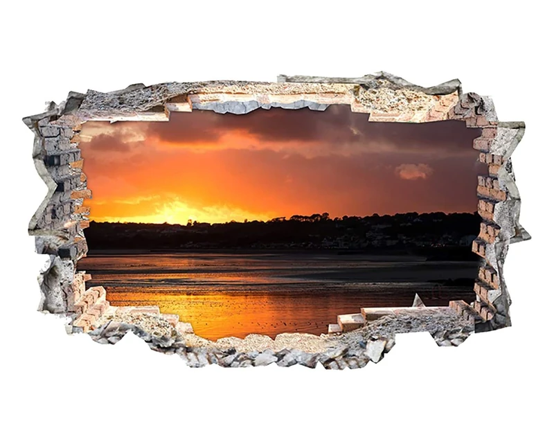 N448 Sunset Coast Tide Beach Town Smashed Wall Decal 3D Art Stickers Vinyl RoomKids Bedroom Baby Nursery Cool Livingroom Hall Boys Girls (HUGE (100x175cm))