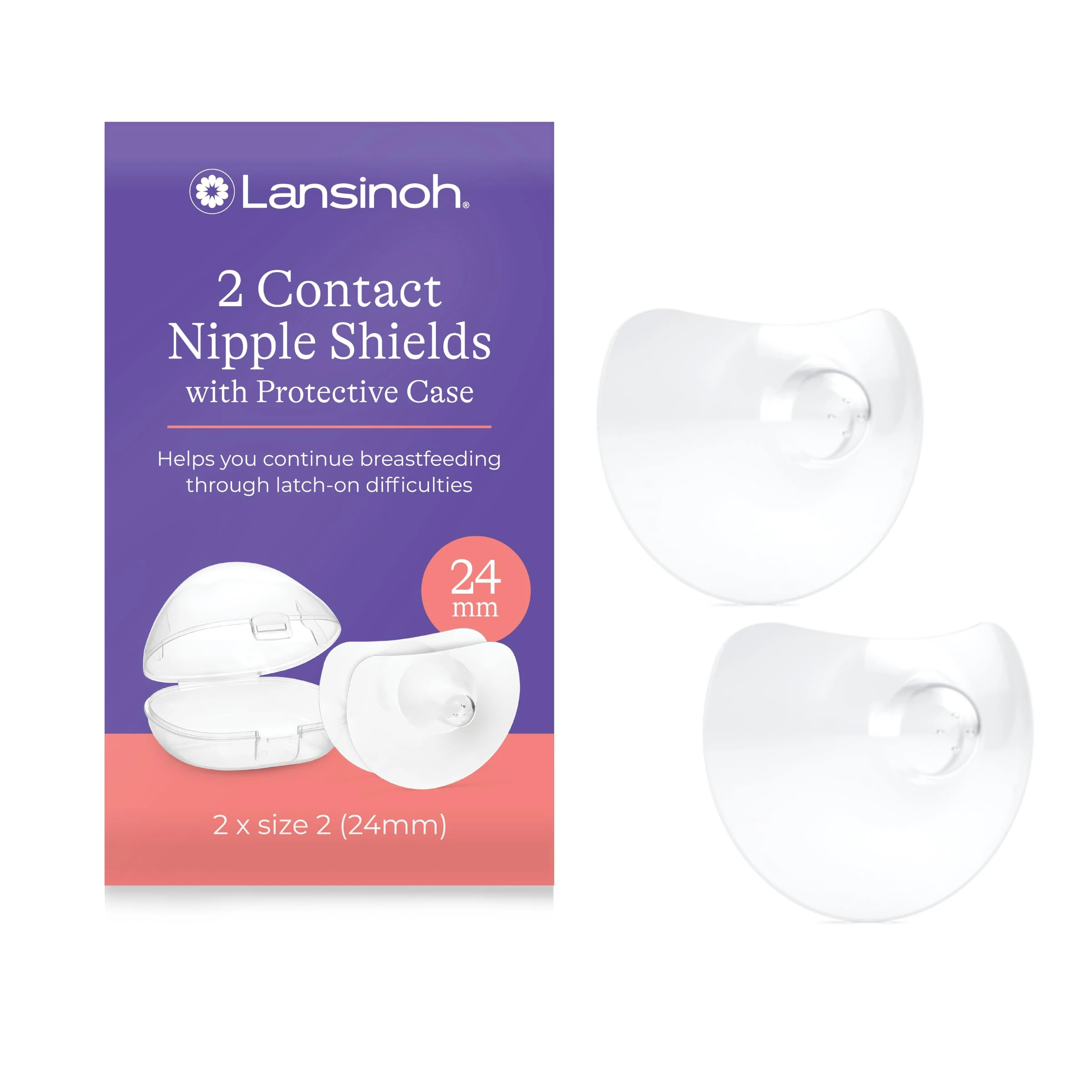 Lansinoh Contact Nipple Shields for Breastfeeding with Case - 2 Pack (24mm Large) - 100% Silicone - Ultra-Thin - Support Flat & Invert Nipples - Breast Feeding Essentials