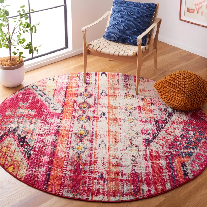 SAFAVIEH Boho Rug for Living Room, Dining Room, Bedroom - Monaco Collection, Short Pile, in Magenta and Multi, 200 x 200 cm