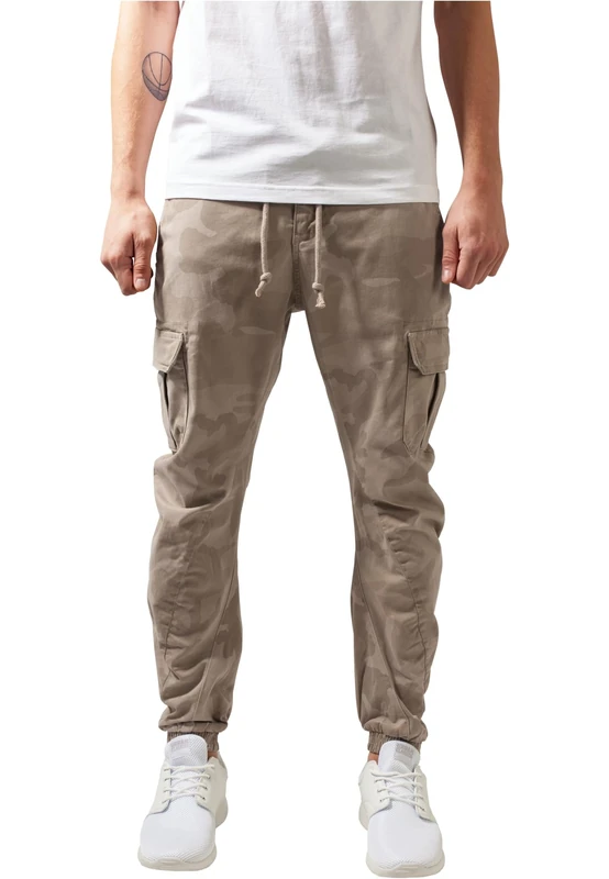 URBAN CLASSICS Men's Cargo Trousers, Cargo Joggers with Military Print, Comfortable Combat Trousers for Men, Joggings Bottoms with Elastic Leg Opening, Colour: Camo sand, Size: 36