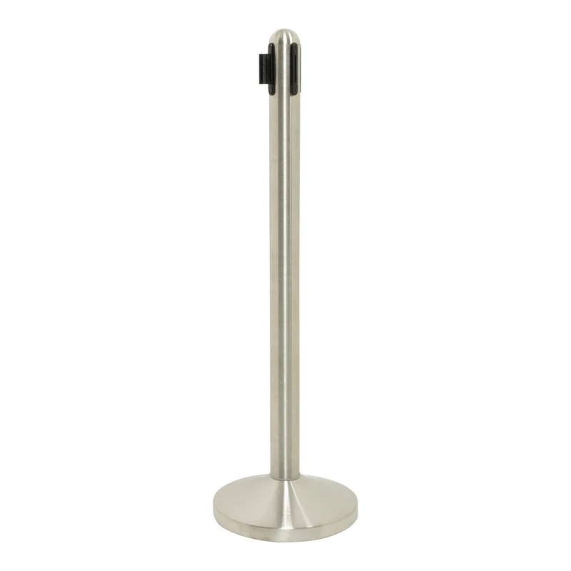 Securit Retractable Barrier Post with Grey Nylon Tape - Stainless Steel - Post 100cm (Tape 210cm), Base 31x31cm, Grey/Stainless Steel