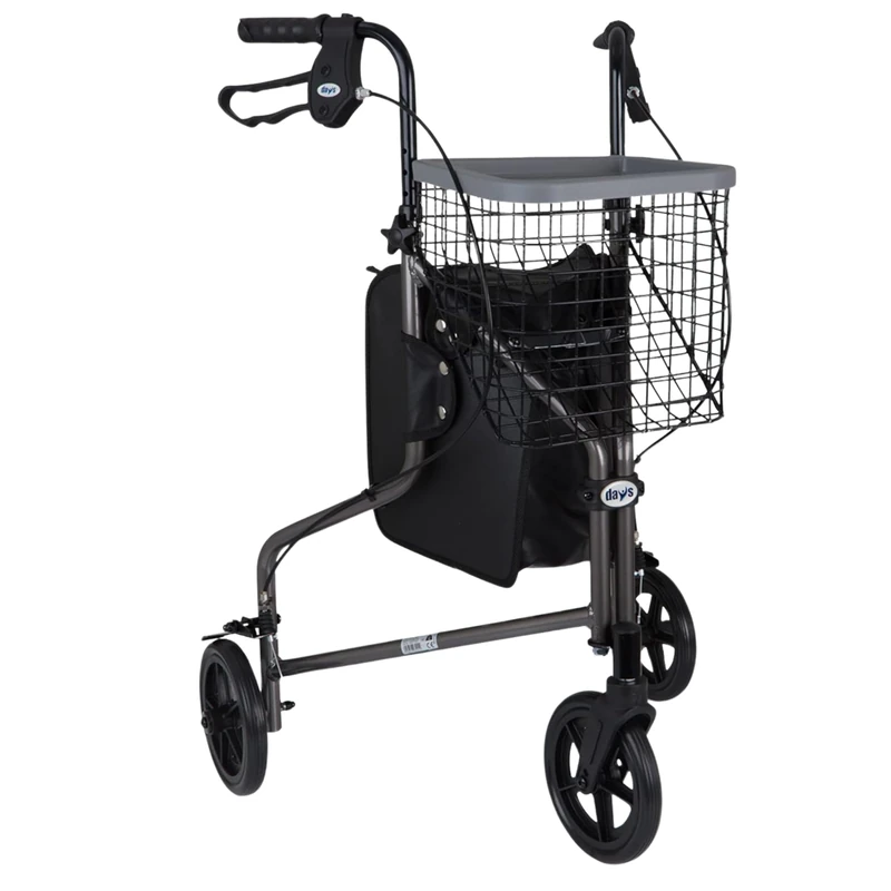 Days Lightweight Aluminium 3 Wheel Walker – Height Adjustable and Foldable Mobility Aid for Elderly – Triwalker with Basket, Tray, Bag and Lockable Brakes – Indoor and Outdoor Walker – Quartz
