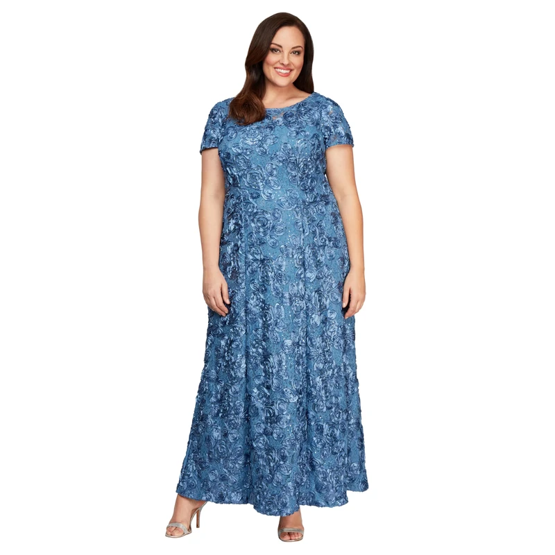 Alex Evenings Women's Long Rosette Mother of The Bride Dress with Short Sleeves, Formal Gown, Wedding Guest (Plus Size) Special Occasion, Brushed Peri, 18
