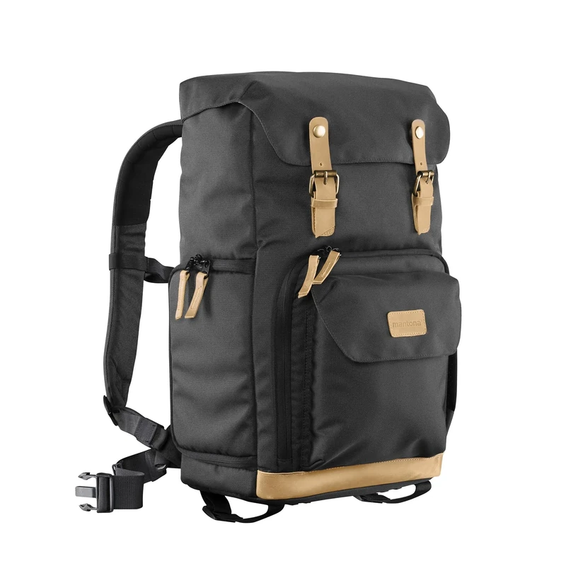Mantona Luis Retro photo backpack with Genuine leather applications, incl. rain cover, flexible divider and laptop compartment, suitable for 1x DSLR camera, 3x lenses, various photo accessories, black