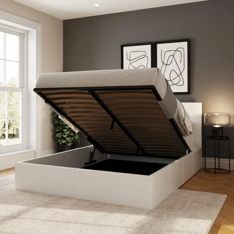 GFW Classic Leather Upholstered Ottoman Storage Bed With Gas End Lift & Under Bed Storage, Small Double, Faux Leather, White