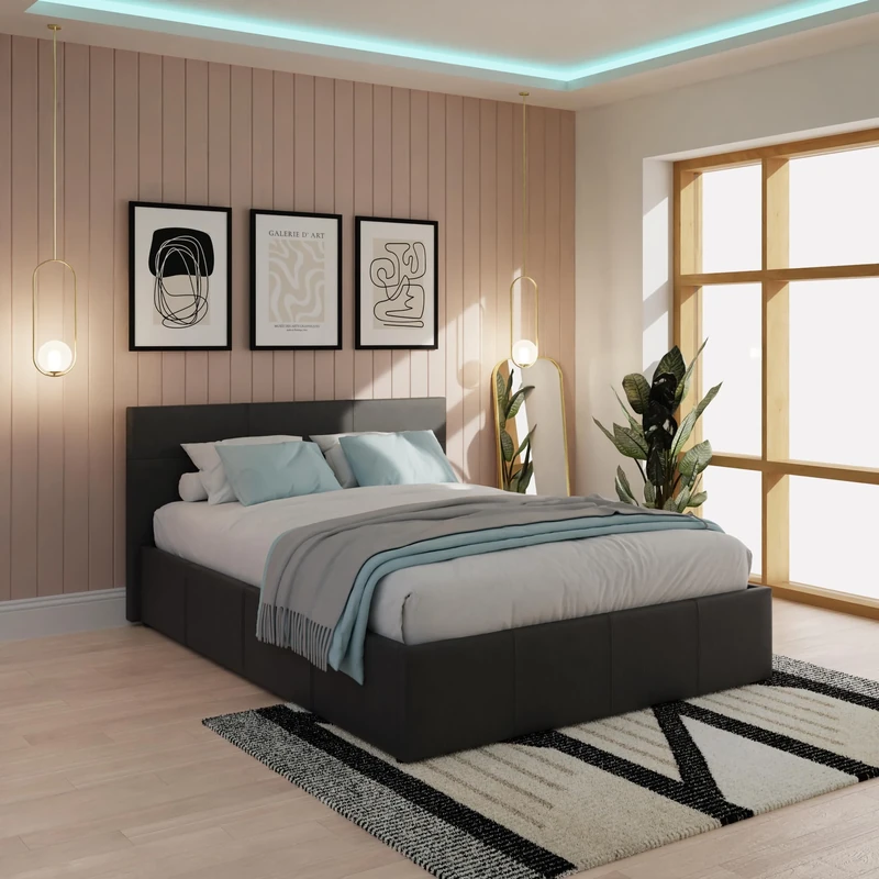 GFW Classic Leather Upholstered Ottoman Storage Bed With Gas End Lift & Under Bed Storage, King Size, Faux Leather, Black