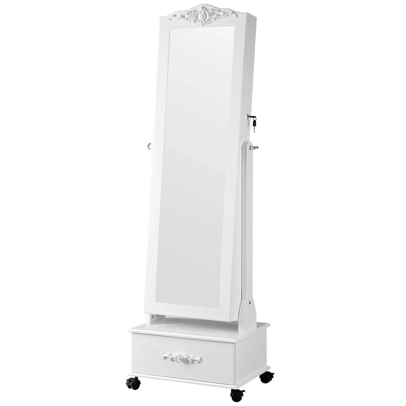 SONGMICS JBC61W Jewellery Cabinet with Wheels and LED Lighting, Lockable, White,156 x 45 cm