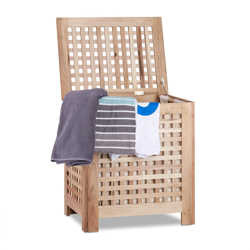 Relaxdays Walnut Laundry Basket with Lid, Removable Laundry Bag ca 70 L Volume, Lidded Wooden Hamper Bin, Size: 55.5 x 52.5 x 39.5 cm, Natural