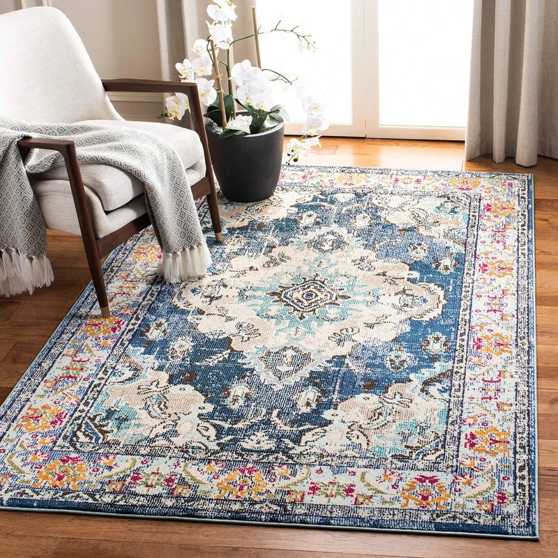 Safavieh Boho Chic Indoor Woven Rectangle Area Rug, Monaco Collection, MNC243, in Navy / Light Blue, 122 X 170 cm for Living Room, Bedroom or Any Indoor Space