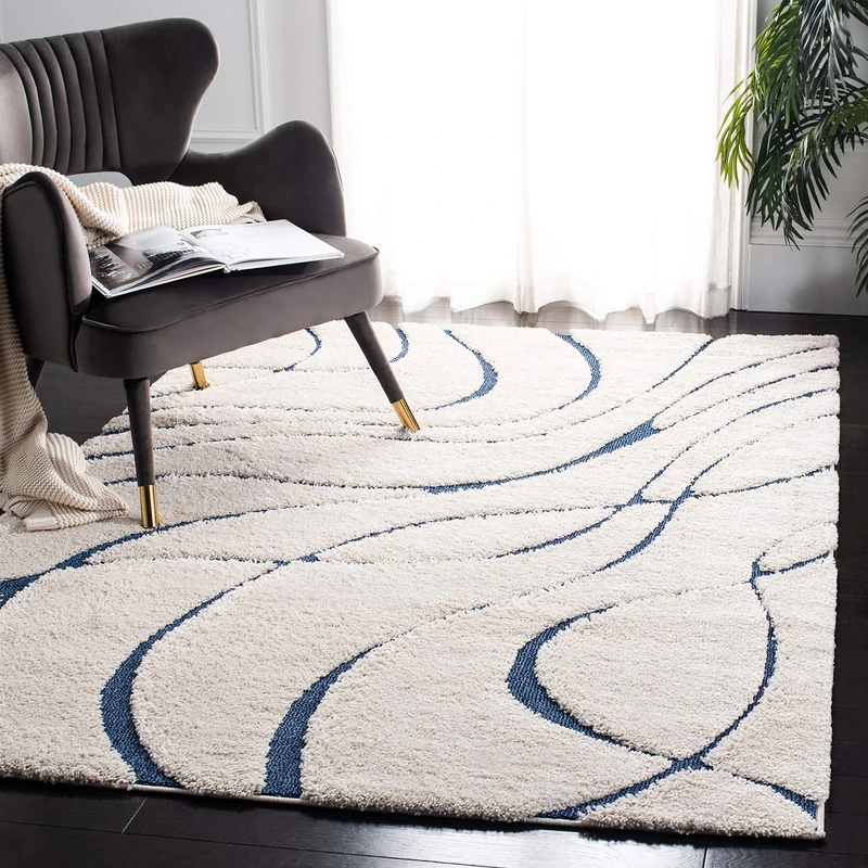 Safavieh Shag Rug for Living Room, Dining Room, Bedroom - Florida Shag Collection, High Pile, in Cream and Blue, 201 X 201 cm