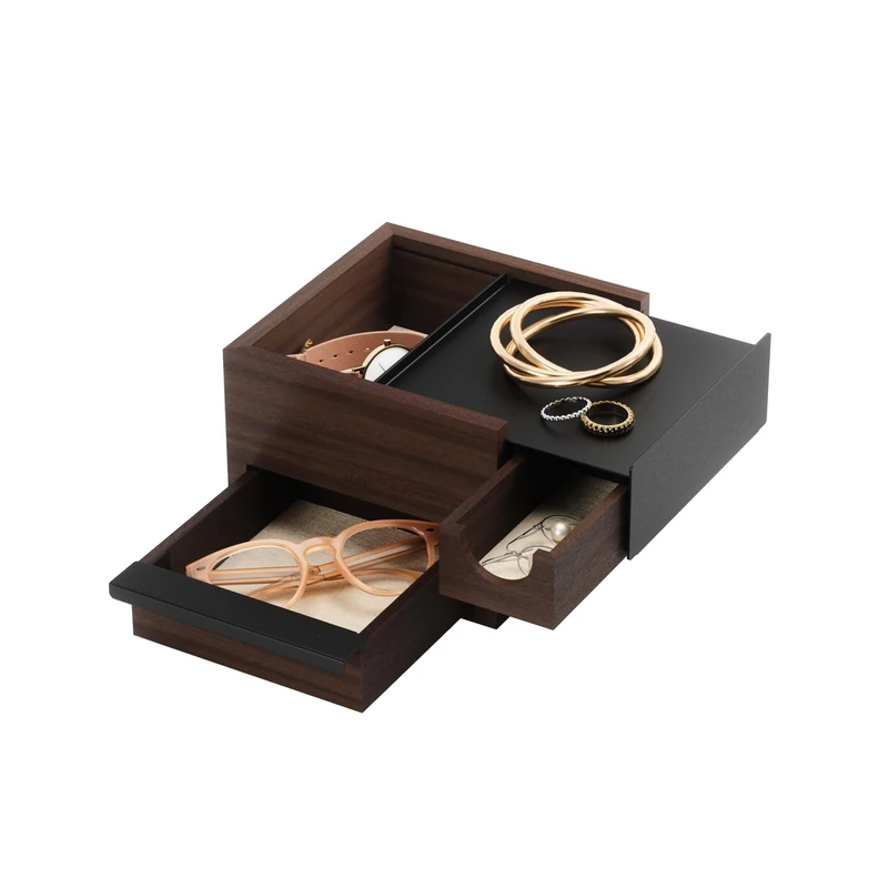 Umbra Mini Stowit Jewelry Box - Modern Keepsake Storage Organizer with Hidden Compartment Drawers for Ring, Bracelet, Watch, Necklace, Earrings, and Accessories, Black/Walnut - Image 1