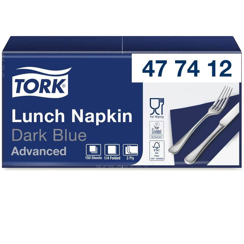 Tork 477412 Soft Dark Blue Lunch Napkin / 3 Ply Advanced, Unprinted Serviette in Navy Blue / 10 x 150 Sheets (WxL: 16.3cm x 16.5cm)