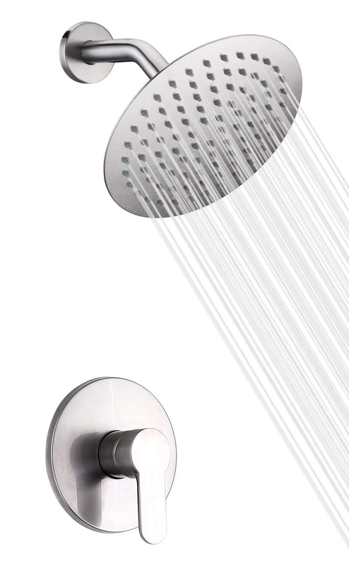 SUMERAIN Brushed Nickel Shower Set Single Handle Solid Brass Rough-in Concealed Valve with Stainless Steel Trim Wall Mount Shower Arm and 8-Inch Round Fixed Rainfall Showerhead