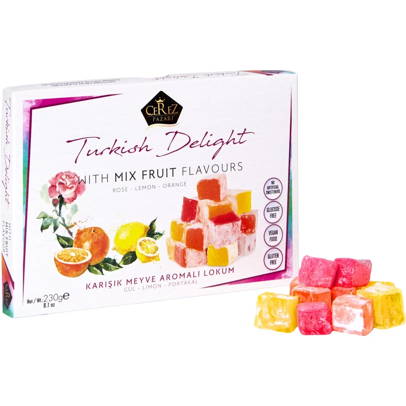 Cerez Pazari Turkish Delight with Rose, Orange and Lemon Mix Flavours 230g, Gourmet Small Size Snacks Gift Box, No Nuts Sweet Confectionery Vegan Soft Candy Dessert Glucose Free Lokum