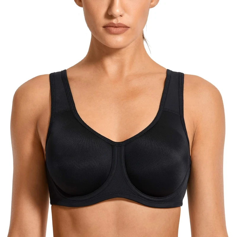SYROKAN Women's Max Control Solid High Impact Plus Size Underwire Sports Bra for Large Breasts Black 36E