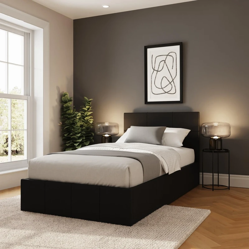 GFW Classic Leather Upholstered Ottoman Storage Bed With Gas Side Lift & Under Bed Storage, Single, Black