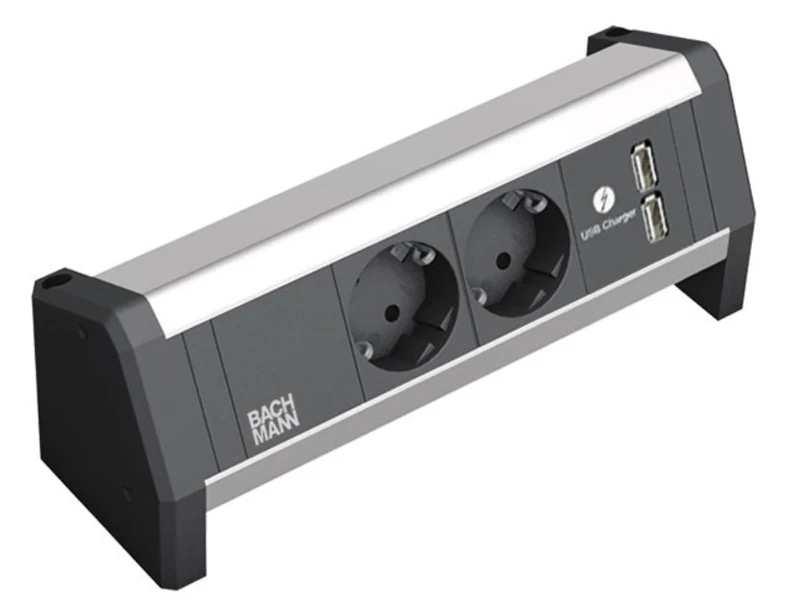 Bachmann Desk – Table Power Strip 2 x Schukos Black + 2 x USB Charger