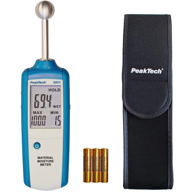 PeakTech 5201 – Professional Moisture Meter, Indicator for all Building Materials, Wood, Wall, Plaster, Gypsum, Masonry, Pinless Moisture Detector with LCD-Display, Multi - Measuring Depth: 20-40 mm