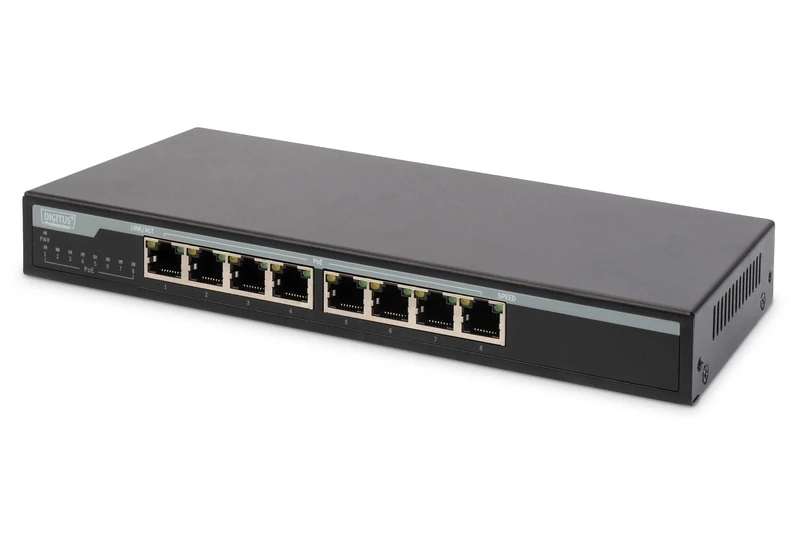 DIGITUS 8-Port Gigabit Desktop PoE Network Switch - Unmanaged - 8x RJ45 Ports - 135W PoE Budget - 10/100/1000Mbps - Black