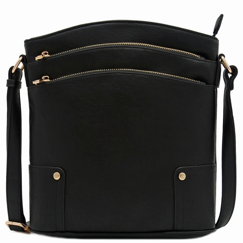 ALYSSA Triple Zip Pocket Large Crossbody Bag, Black, One Size