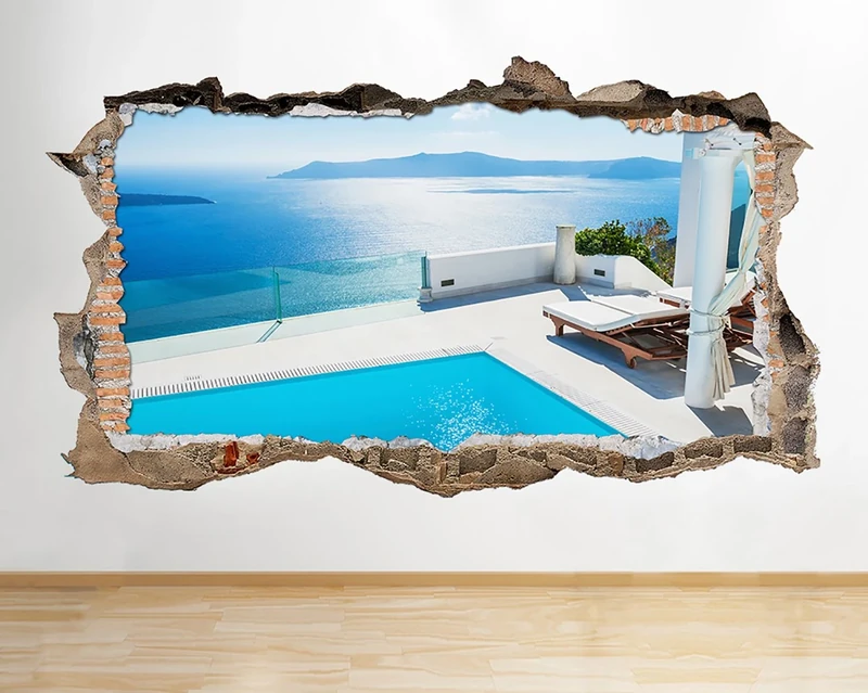 S669 Pool View Mountains Ocean Smashed Wall Decal 3D Art Stickers Vinyl RoomKids Bedroom Baby Nursery Cool Livingroom Hall Boys Girls (HUGE (100x175cm))