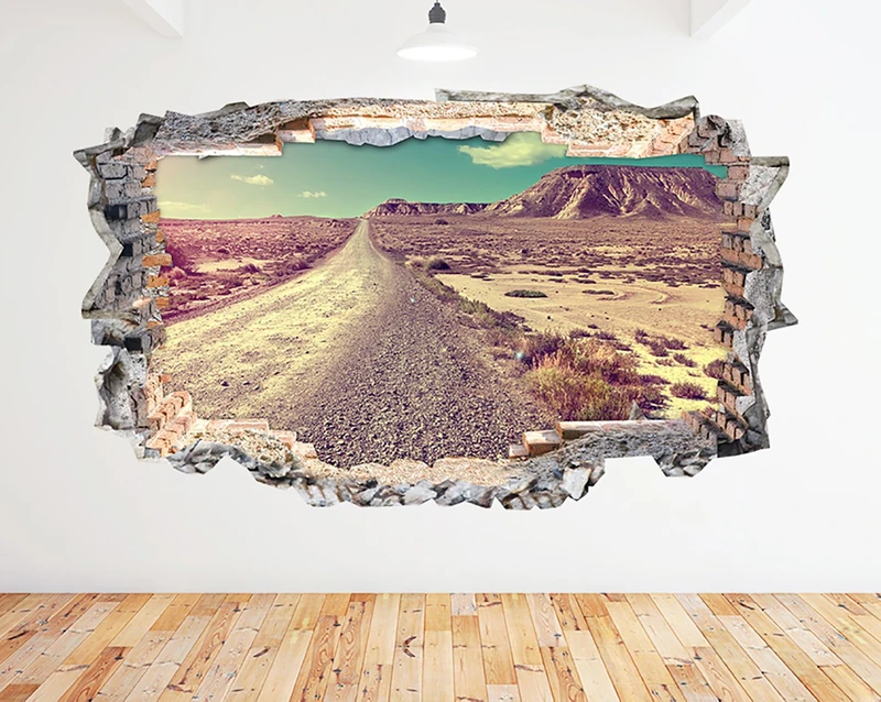 N488 Gravel Road Mountain Blue Sky Smashed Wall Decal 3D Art Stickers Vinyl RoomKids Bedroom Baby Nursery Cool Livingroom Hall Boys Girls (HUGE (100x175cm))