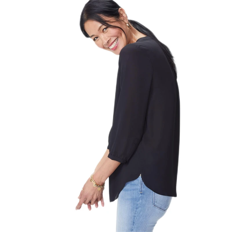 NYDJ Women's Petite Size 3/4 Sleeve Pintuck Blouse, Black, S