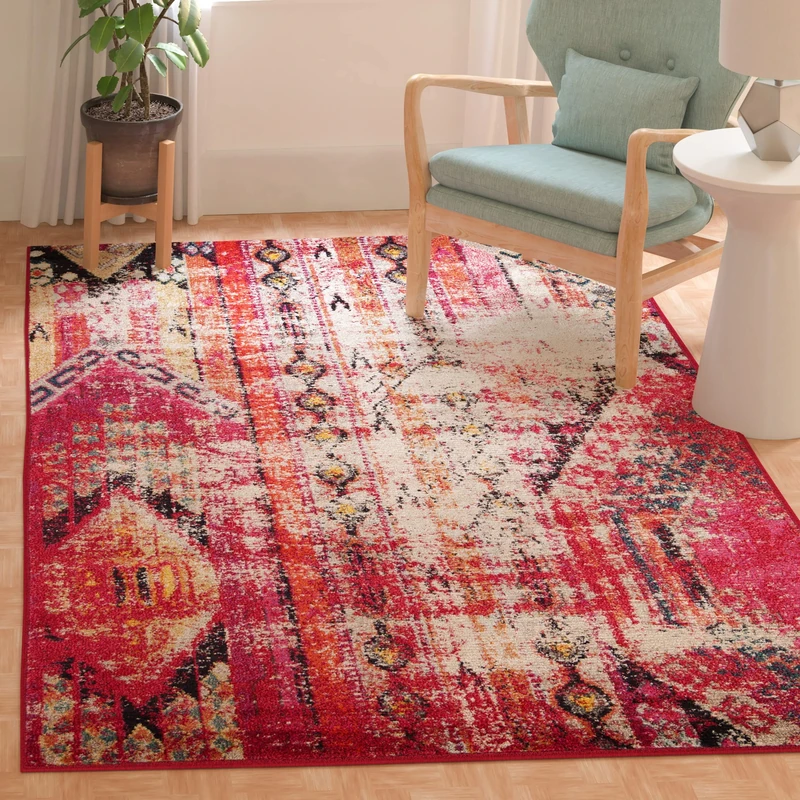 Safavieh Boho Chic Indoor Woven Rectangle Area Rug, Monaco Collection, MNC222, in Magenta/Multi, 91 X 152 cm for Living Room, Bedroom or Any Indoor Space