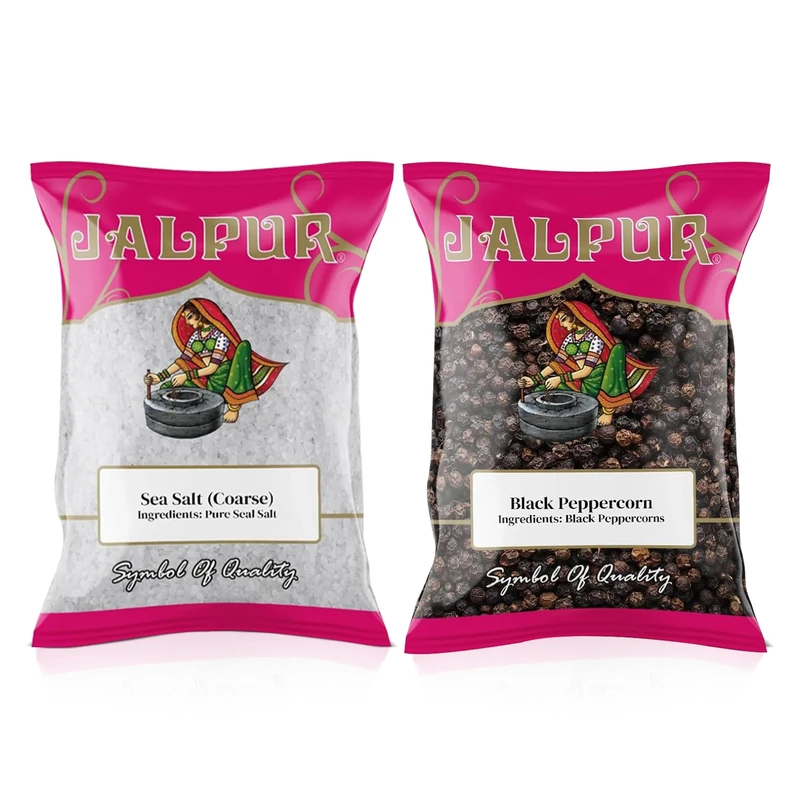 JALPUR MILLERS Spice Combo Pack - Coarse Sea Salt 200g and Whole Black Peppercorns 100g - Premium Quality Seasoning Set for Cooking, Grilling, Marinades & Everyday Use - Natural Ingredients (2 Pack)