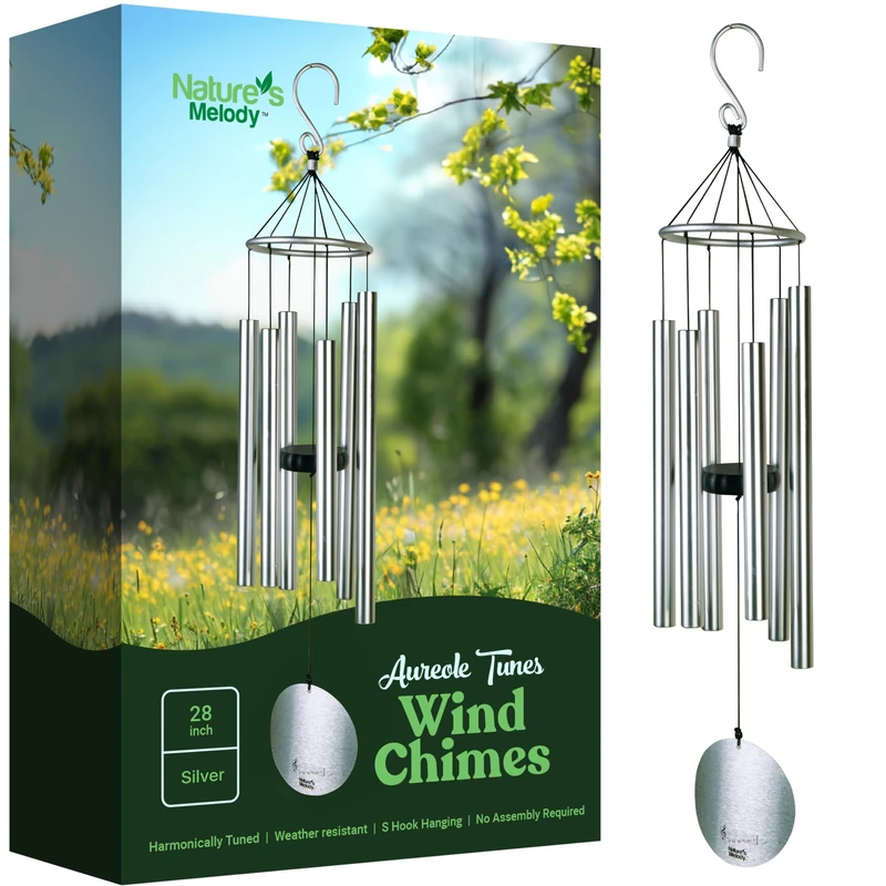 Nature’s Melody Aureole Tunes Wind Chimes – Outdoor Windchime with 6 Tubes Tuned to B Pentatonic Scale, 100% Rustproof Aluminum, Powder Finish & S Hook Hanger for Sympathy, Memorial Gift or Zen Garden