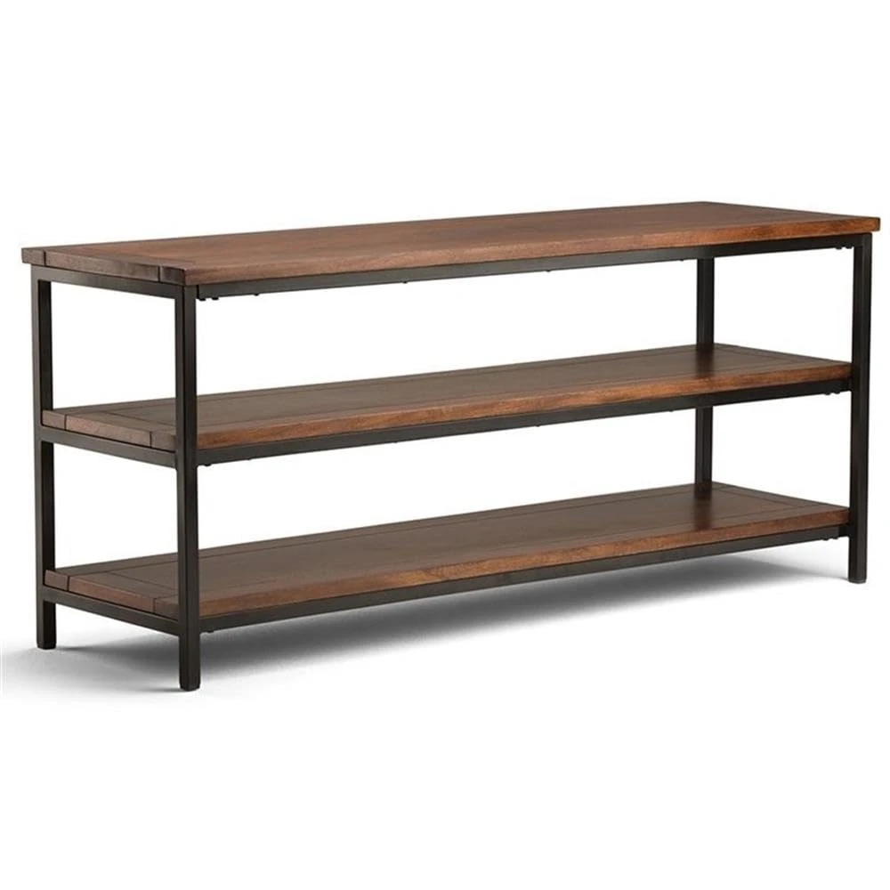 SIMPLIHOME Skyler SOLID MANGO WOOD 60 inch Wide Industrial TV Media Stand in Dark Cognac Brown For TVs up to 65 inches for the Living Room and Entertainment Center