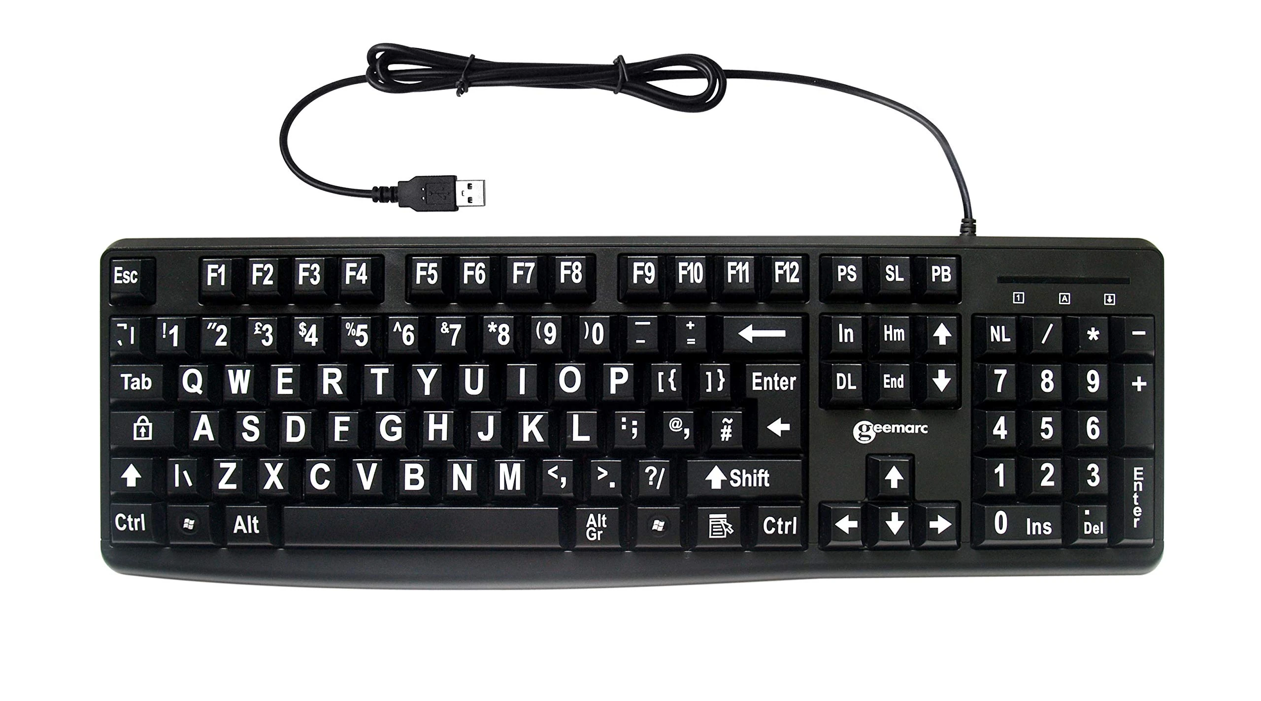 Geemarc Wired Alphanumeric USB Keyboard with Large White Lettering and Black Keys, High Colour Contrast Keyboard for People with Low Vision, Compatible with Windows XP, Vista, 7, 8, 10 – UK Version