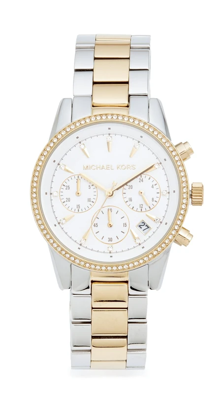 Michael Kors Ritz Chronograph Quartz Watch with Silver and Gold Tones Stainless Steel Strap for Women MK6474