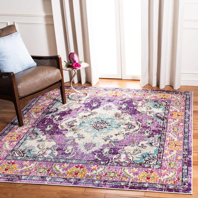 Safavieh Boho Rug for Living Room, Dining Room, Bedroom - Monaco Collection, Short Pile, in Violet and Light Blue, 200 x 200 cm
