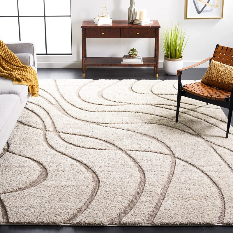 SAFAVIEH Shag Rug for Living Room, Dining Room, Bedroom - Florida Shag Collection, High Pile, in Cream and Beige, 244 X 305 cm