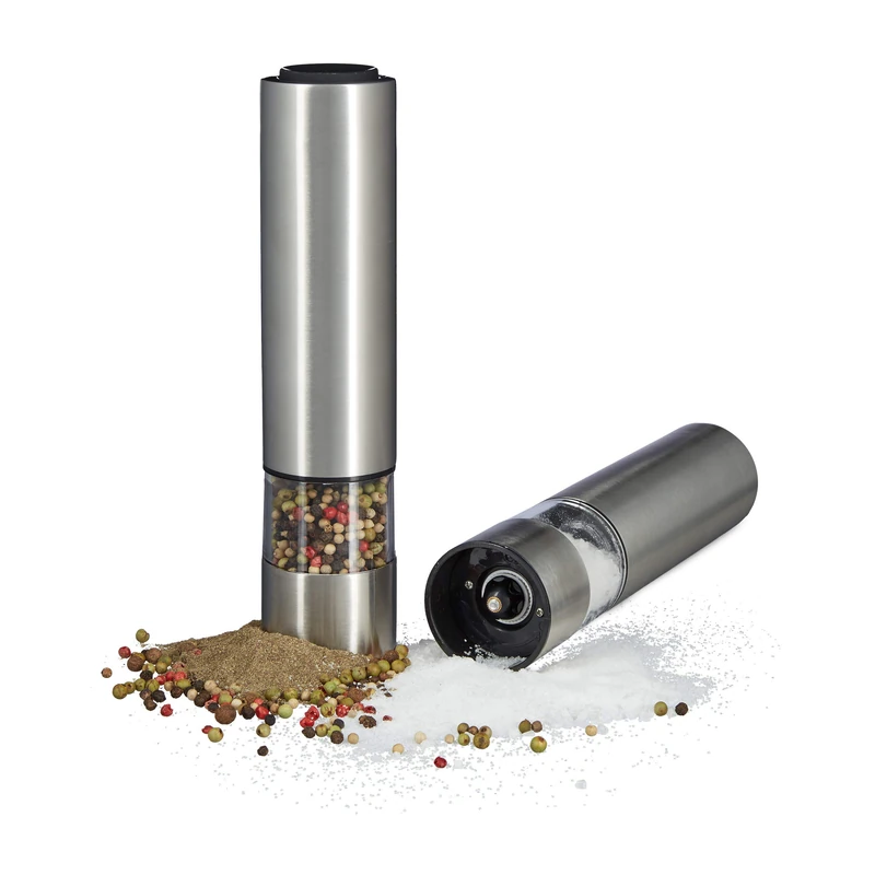 Relaxdays Electric Pepper Mill Set, Light, Salt Grinder, Stainless Steel, Ceramic Mechanism, Battery-Powered, Silver